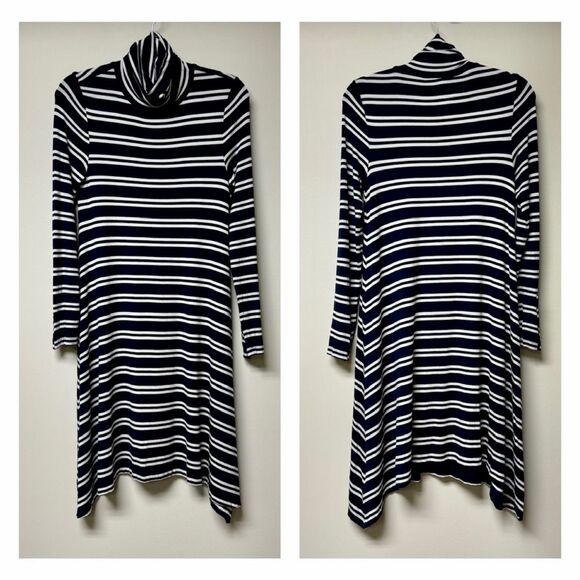 ANTHROPOLOGIE MAEVE Navy/White Striped Jersey Turtleneck Handkerchief Hem - Picture 2 of 12